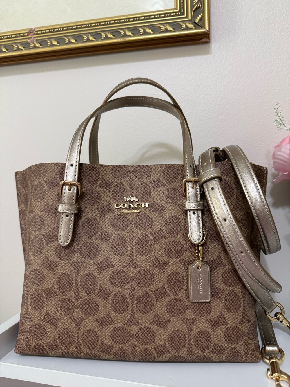 Coach Brown Signature Satchel With Lt Champagne Straps  and Bottom